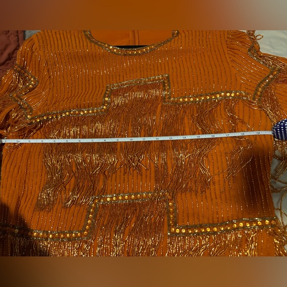 Size 14 ASOS DESIGN embellished shift mini dress with beaded fringe in orange - Picture 5 of 7